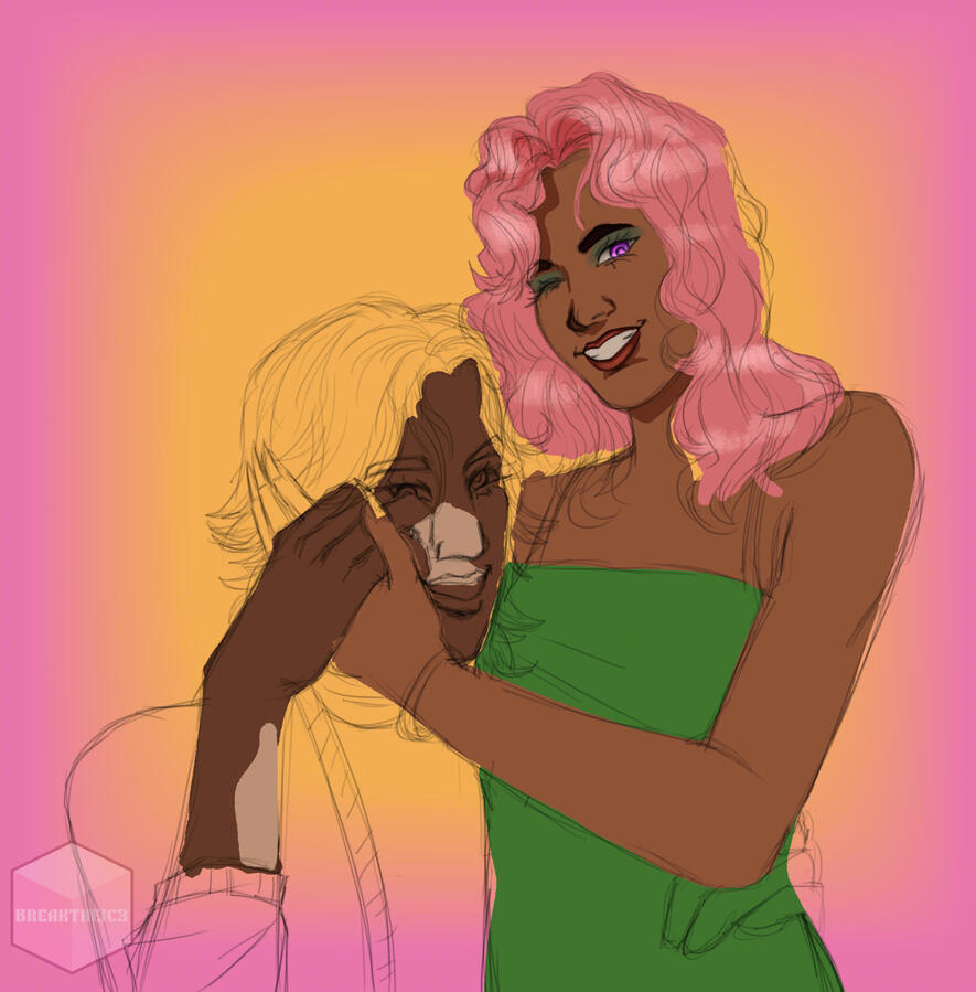 !Incomplete ATM! Iaedra (right) has her left hand over Carmeden's (left) right cheek while they hold her hand w/ their right. Carmeden has their left hand over Iaedra's waist. Both people are smiling. Made with Krita.