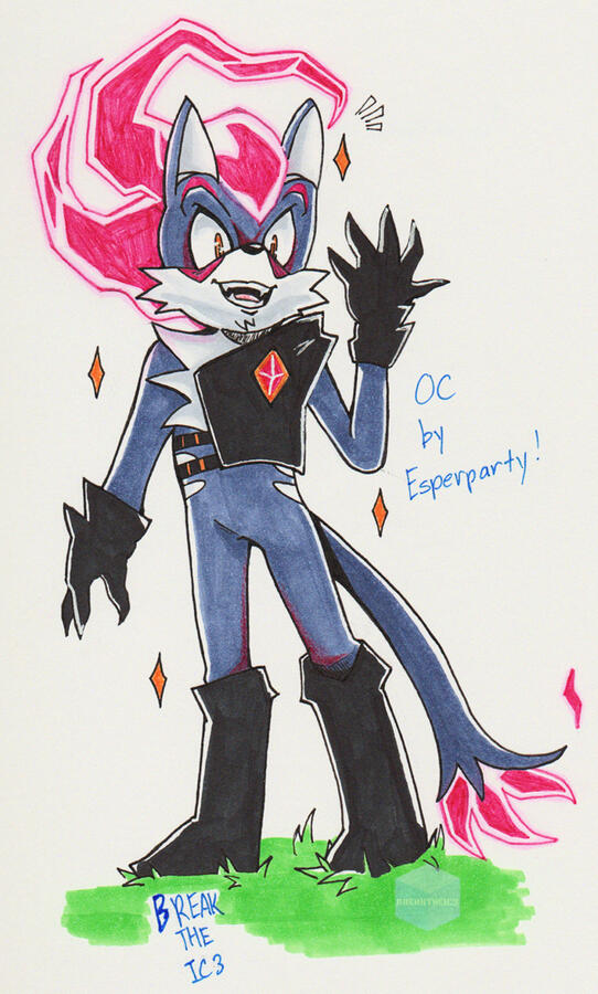 Orion the Jackal (OC's creator is EsperParty), on paper, full-body art with him smugly smiling. His left hand is raised & has a hot pink flame on top of his head. Made with ink pens, colored pencils & markers.