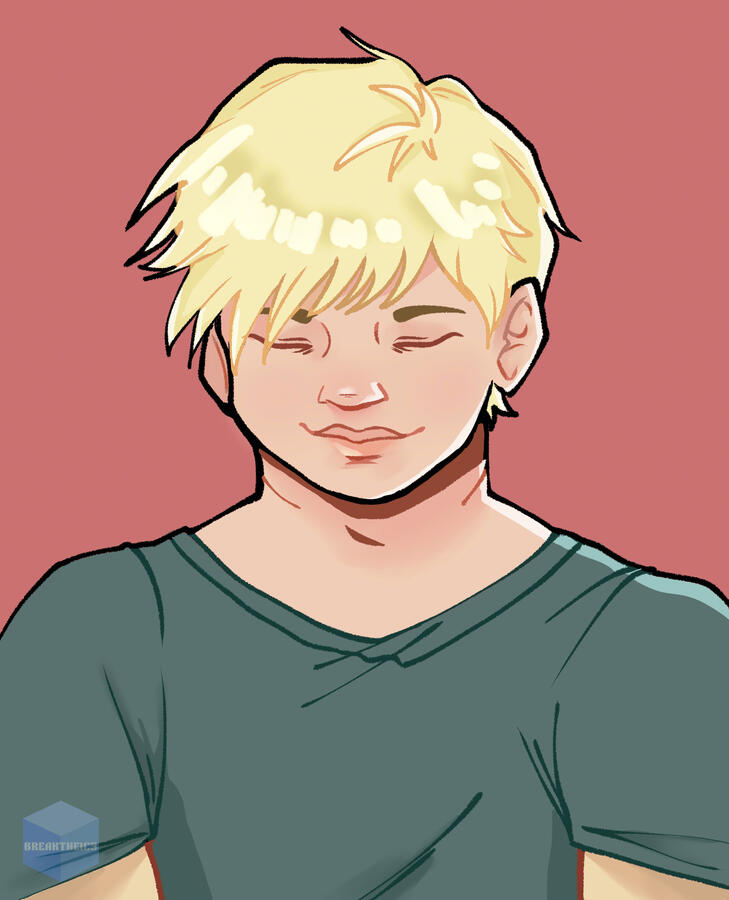 Bust art of Joe with his eyes closed, head slightly tilted down & has a gentle smile. He seems serene. Made with Krita.
