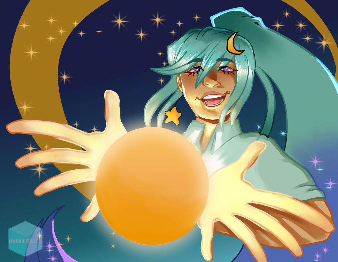 Bust art of Luna is smiling & holding out the sun to the viewer. A gold halo is behind Luna along w/ tiny sparkle effects. Made with Krita.