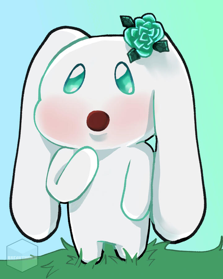 Full-body piece of Cinna (OC's creator is AngelRoseStar) standing in grass w/ her right hand on her chin & looking up. Cinna also has a tiny teal rose on her head. Made with Krita.