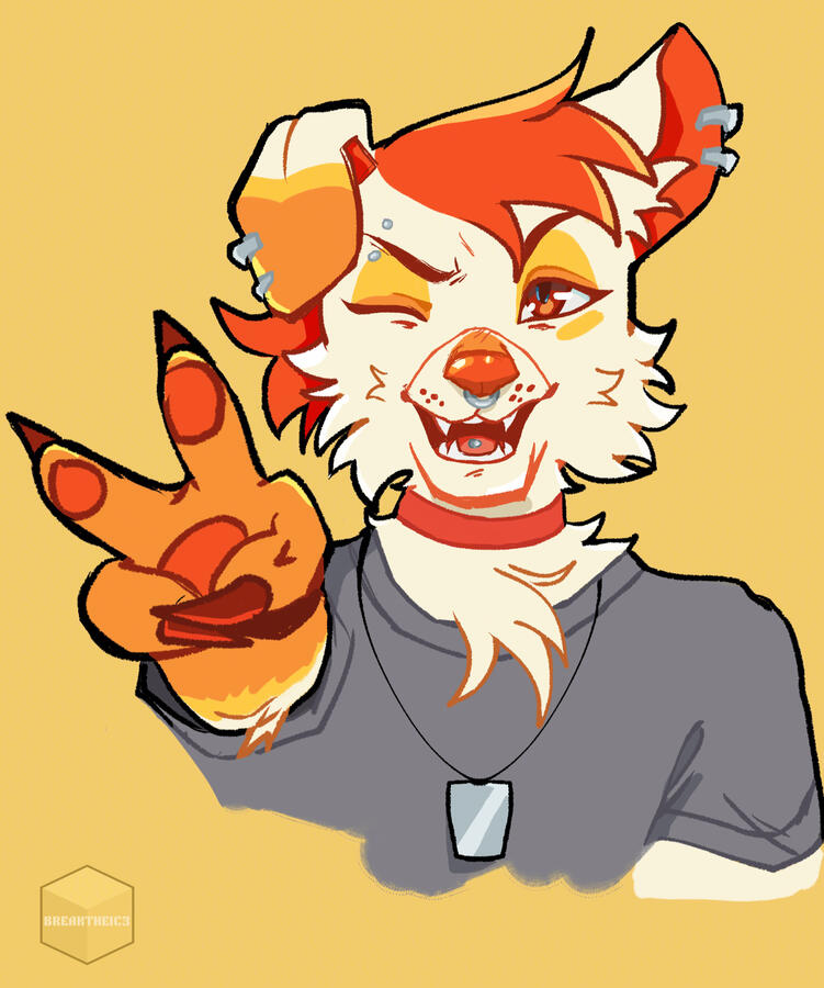 Bust of Sona smiling & holding up a peace sign w/ his right paw while winking. Made with Krita.