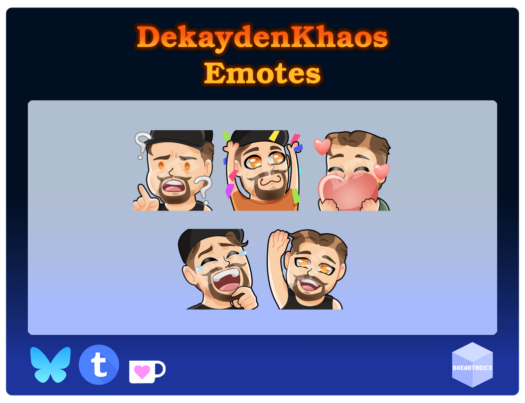 Static custom emotes showcase for DekaydenKhaos. (Left to right: Confused, Hype, Hearts, LOL & Wave).