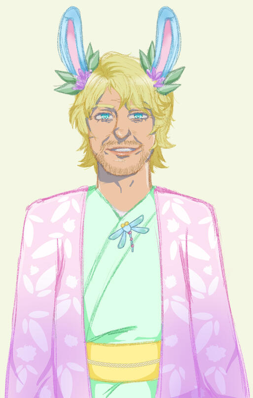 Colored sketch commission of DaikoBun's father wearing a pastel pink yukata & is wearing rabbit ears.