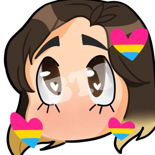 Twitch emote of my cartoonized face being surrounded by pan (pink, yellow, & blue) hearts. Facial expression demonstrates adoration.
