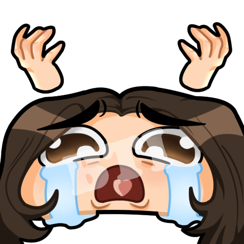 Twitch emote that depicts cartoonized me (head & hands only) sobbing & having an exaggerated sad expression. Disembodied hands are above the head.
