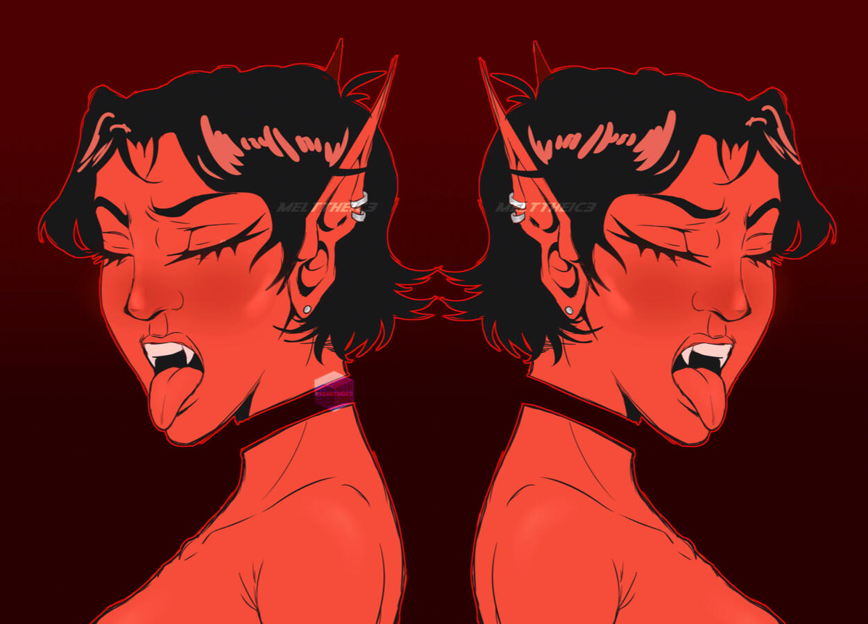 !Slightly Suggestive! Mirrored busts of Vlare with her tongue sticking out her mouth. showing her top fangs. She has 3 piercings, one standard & 2 helix. Her head is detached from from her body. Made with CSP.