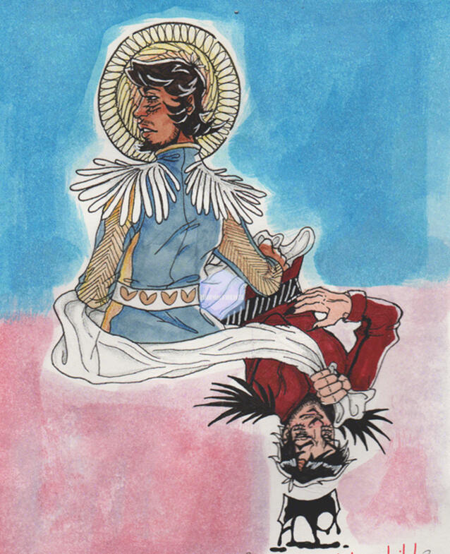 Abrax (AKA Redd) on the top right facing his left & Carm on the bottom right & is upside down. Abrax has a halo around his head & Carm has a black crown above his head. Made with ink pens, markers, colored pencils & watercolor.