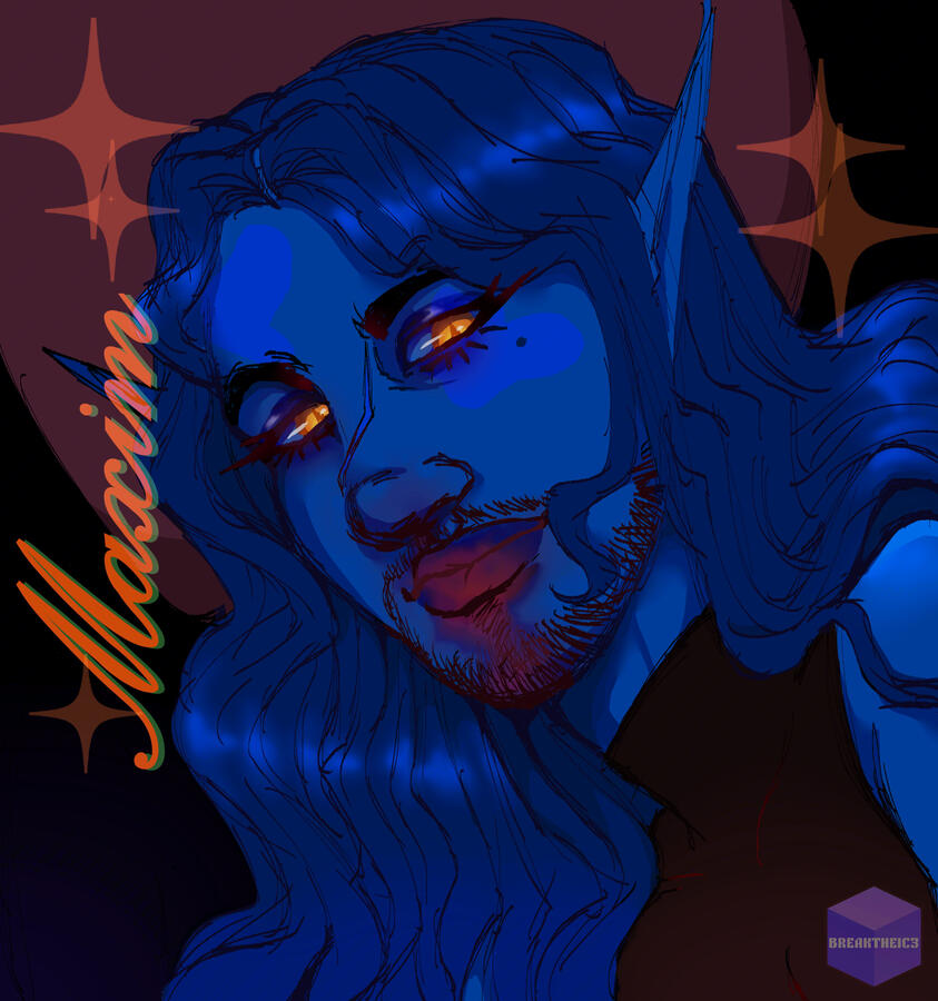 Bust art of Maxim, mostly in royal blue. His eyes are glowing yellow, he has pointed ears, beauty mark near left eye & long wavy hair past his shoulders. He also wears a sleeveless turtleneck. Vertical text says "Maxim". Made with CSP.