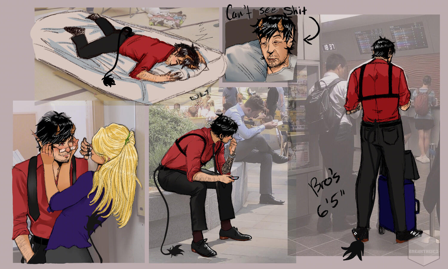Compilation of Carmelo drawn & colored over referenced photos. (Left to right: Him sleeping on a bed on floor, waking up meme, standing from the back, him sitting outside & Rachel messing w/ his glasses) Made with Krita.