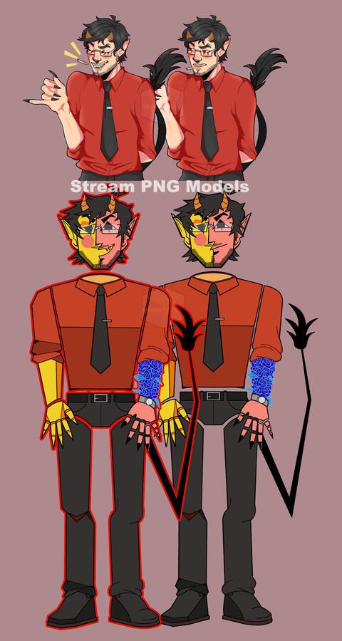 Half-body (top two) PNG models of Carm made back in 2022, one is mouth open w/ cigarette & another mute. Full-body & ENA-style PNG models (two bottom), one talking & another mute. All models have his tiny horns & tail. Made with CSP.