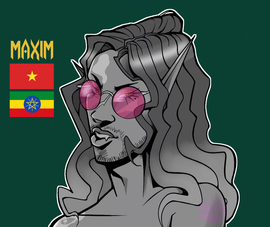 Bust art of Maxim in Robert Valley style for practice. Maxim's in B&W, has his/her rose-tinted shades on. He/she slightly smiles. To the left is a text that says "MAXIM" & has the Vietnamese & Ethiopian flags under the text. Made with CSP.