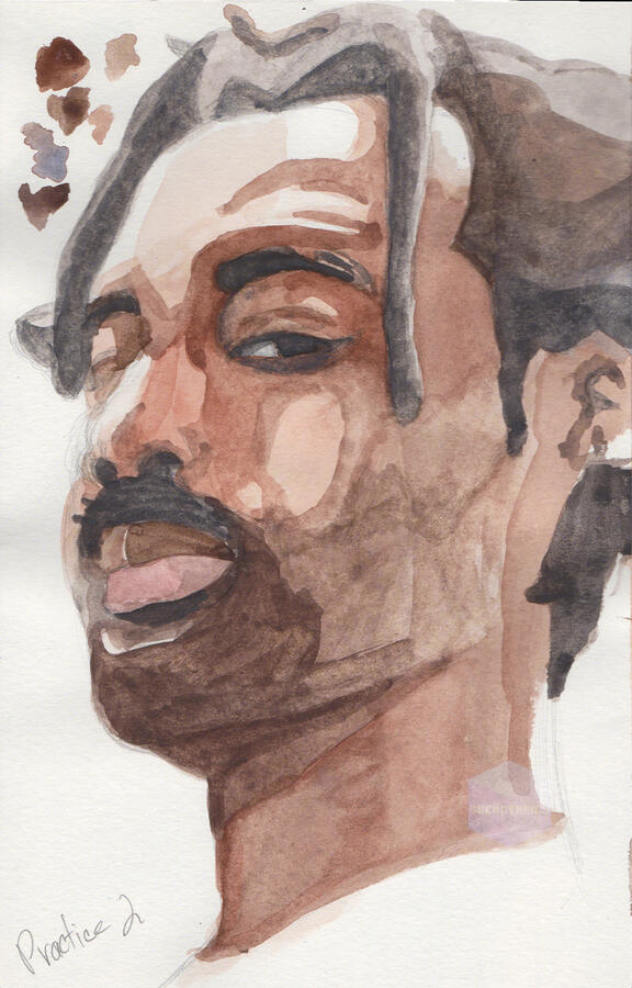Portrait practice of Sampha Sisay, a black British musician, for watercolor class. His left eye is apparent than his right, he looks as if he's looking at the viewer.