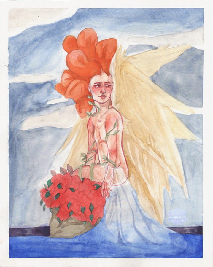 Half-body art of pale, random person sitting on a rock w/ roses in the middle of water. Person also has orange petals sprouting out of head & has multiple Angel wings.