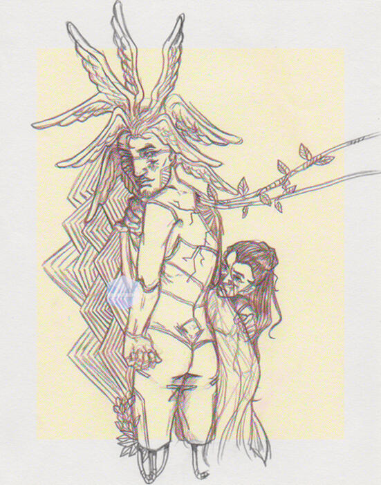Sketch half-body art of main subject, a masc person with multiple wings sprouting out of head & has 4 eyes. They have a slight cyber design to them. Head of a fem person peeking from behind the right. Layers of triangles to left of masc person.
