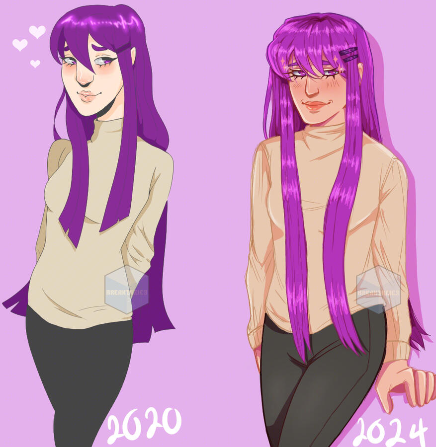 Half-body comparison art of Yuri from DDLC, 2020 (left) vs 2024 (right). Both Yuris wear a beige turtleneck & black leggings like in the game. 2024 Yuri has an extra hairclip & is less pale compared to the 2020 version. Made with CSP.