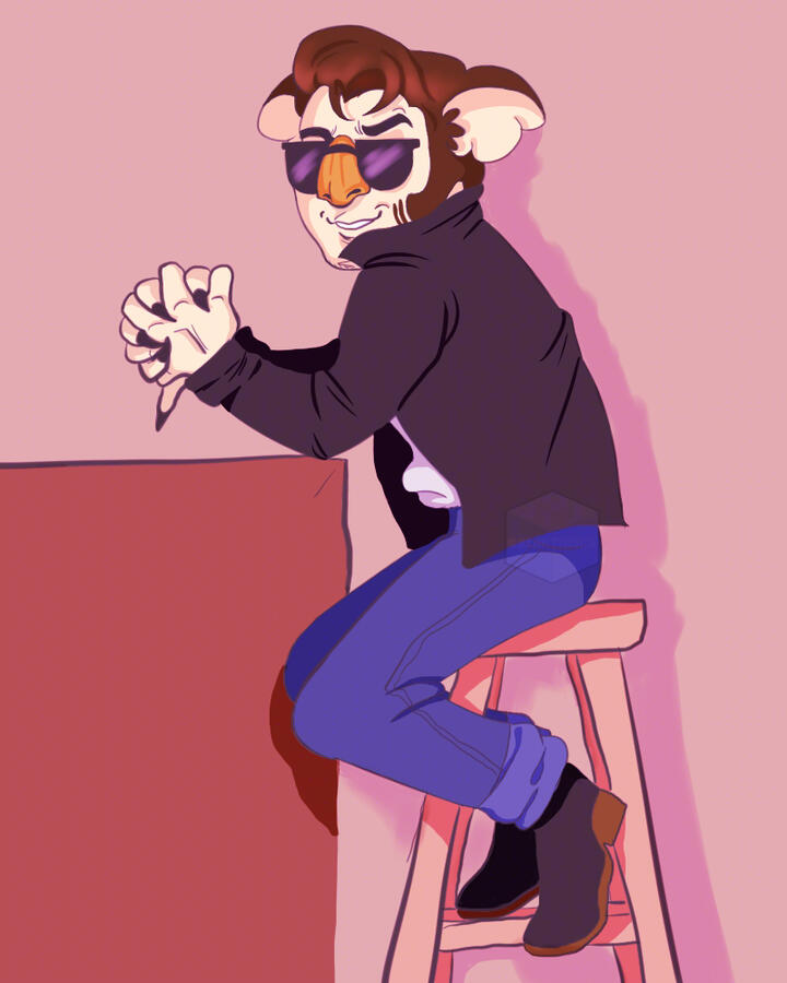 Eugene from Animal Crossing, he's sitting on a barstool while holding his hands over a surface & smirking. He's wearing his usual shades, black leather jacket, white shirt & jeans. Made with Paintool SAI.