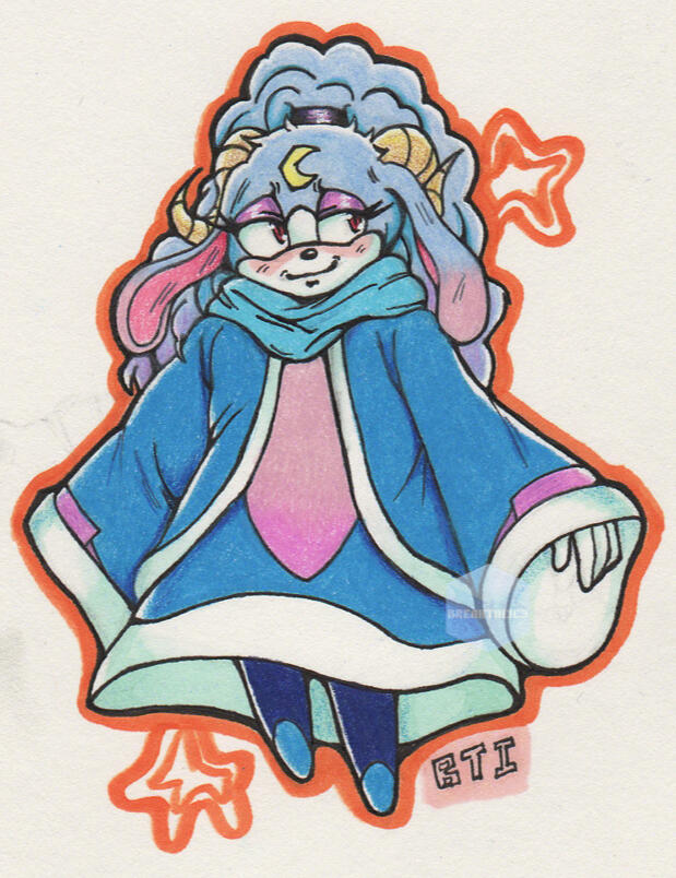 Full-body of Ariem the Sheep / Ram from Sonic Dream Team floating in the air & looking to her left. She wears a long robe & has a crescent on her forehead. She is outlined with orange and hollow stars. Made with ink pens, markers & colored pencils.