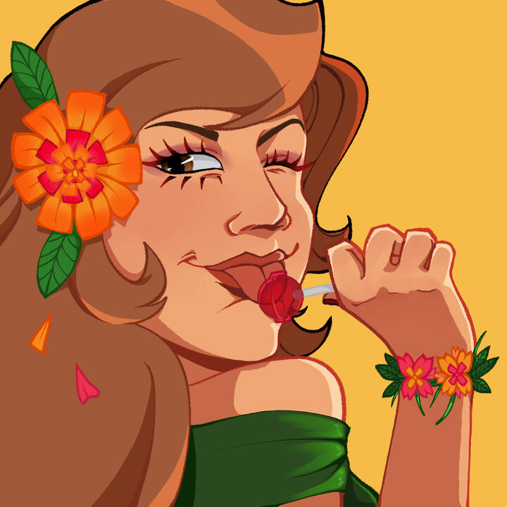 Fujiko winks with her left eye and is smiling while she licks a sucker. Her right hand holds the sucker and has a flower bracelet consisting of minimal leaves and two hot pink / orange flowers (also one in her hair).