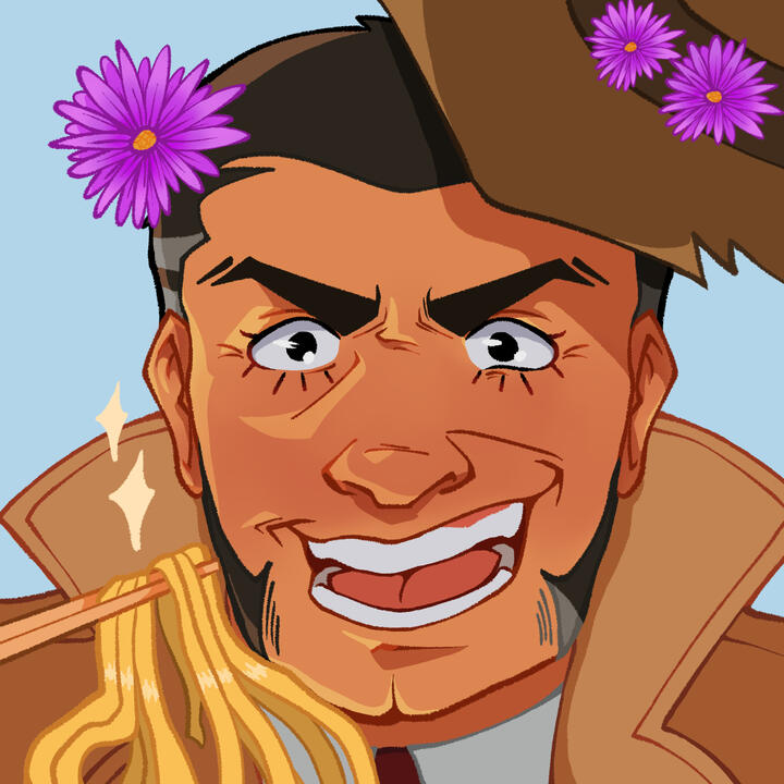 Zenigata is smiling wide open as he's holding chopsticks w/ his right hand with noodles. Purple flowers are on his head and hat.
