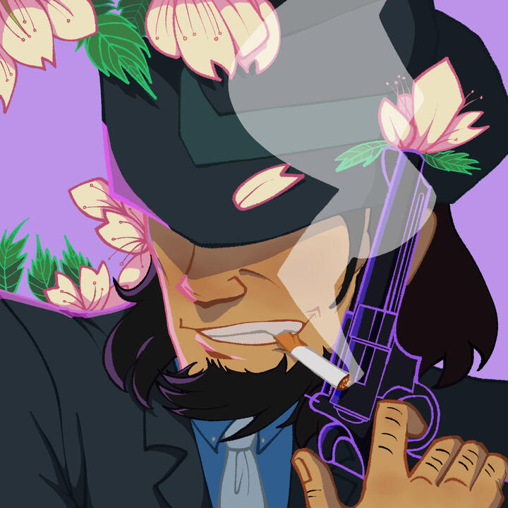 Jigen is holding his revolver with his right hand, next to his face as he grins. He is surrounded by white flowers and a singular petal rests on his hat brim. His eyes are covered under the brim (per usual).