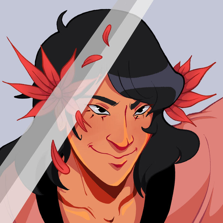 Goemon's sword is translucent & is over his head. He has two red flowers in his hair w/ some red petals hovering over the sword. He is subtlety smiling.