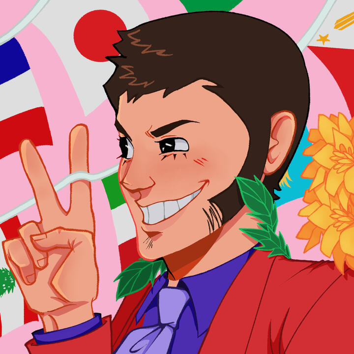 Lupin makes a peace sign with his right hand & is smiling. He is slightly obscured by green leaves and yellow flowers to his left. 7 Flags are behind him: France, Japan, Brazil, Lebanon, Italy, Kazakhstan & Philippines.