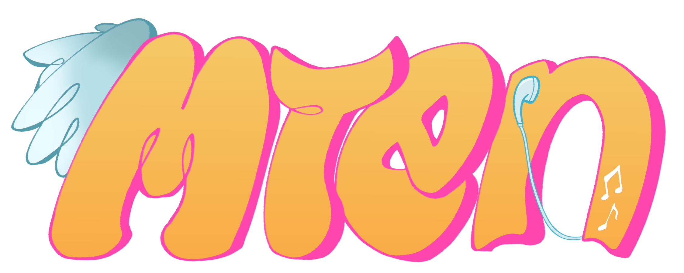 Text that says "MTen" in a more bubbly throwie piece style. On the left of M letter are wings, in a blue-gray gradient. The text color consists of a soft orange fill w/ hot pink outline. There is a wired headphone on the letter n.