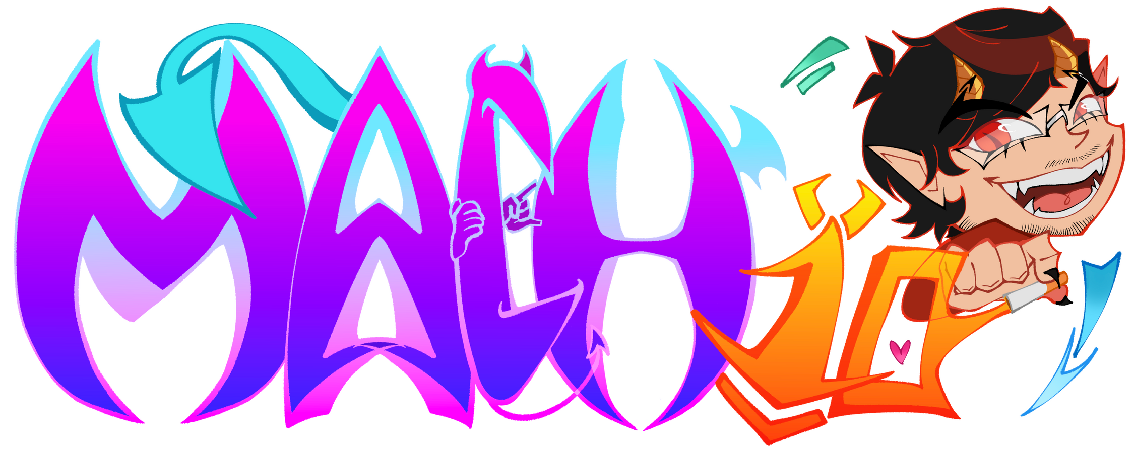 Text that says "MACH10" next to my OC Carm in a somewhat chibi-fied style. He's holding a cigarette with his right hand, the orange smoke connects to the number 0. The text consists of blue, pink, purple, orange and red.