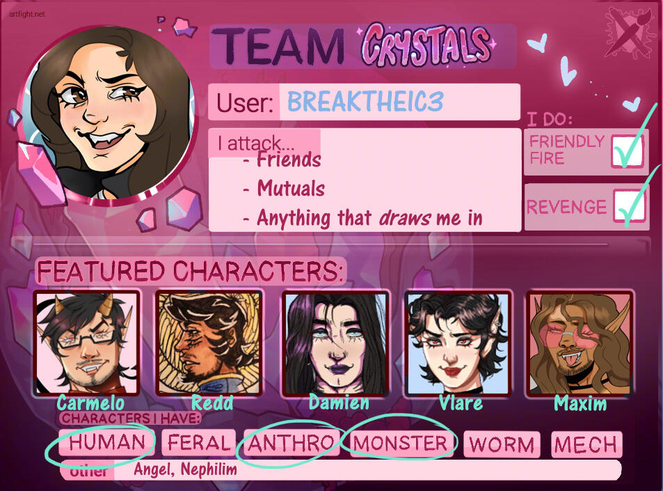 Team Card for AF 2025, has my icon and then (left to right): Carm, Redd, Damien, Vlare, and Maxim as my featured 5. I included attacks against friends & moots. And did friendly fire & revenge.